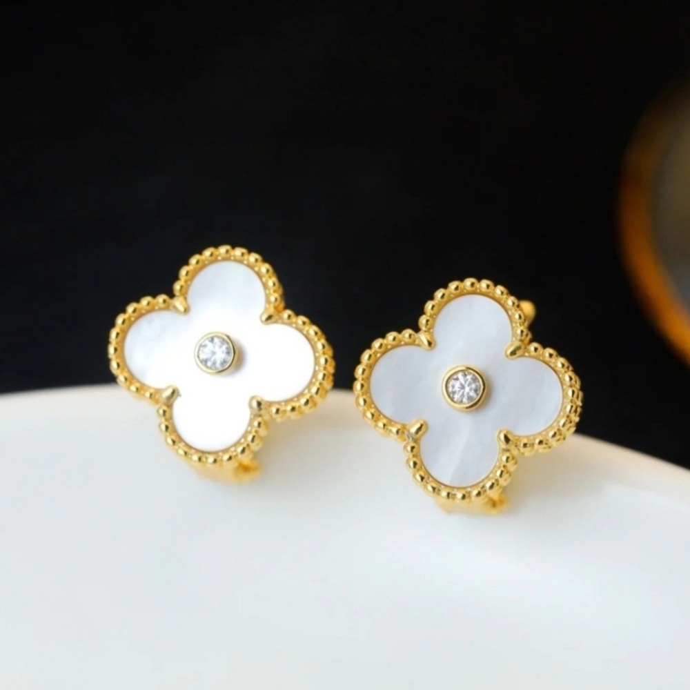 Gold and White Clover Earrings